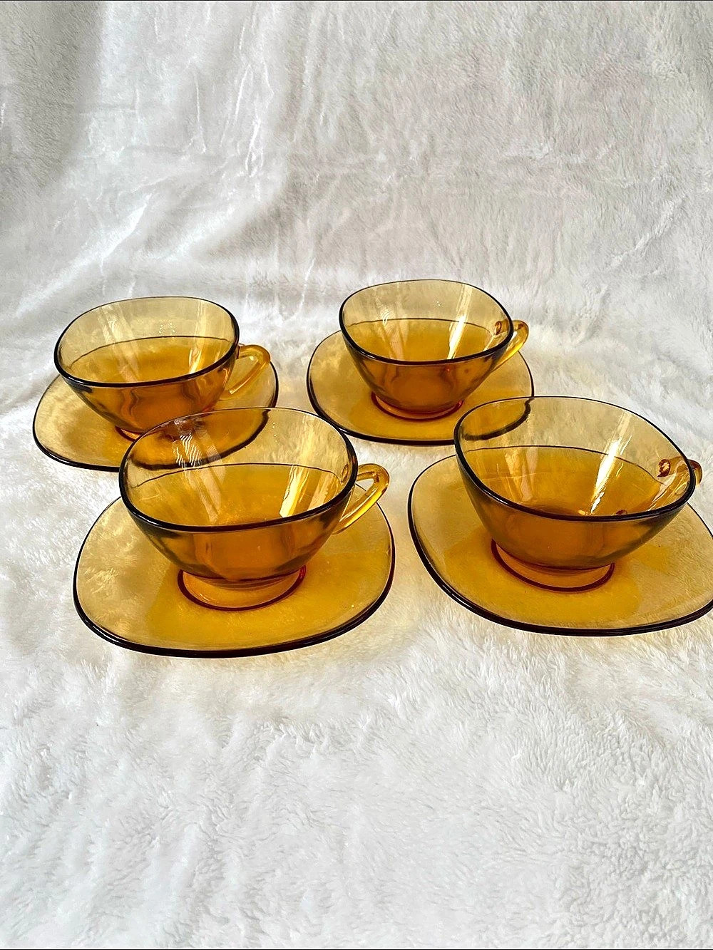 Vereco France Amber Glass Tea Cup and Square Saucer Set
